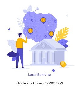 Person Looking At Bank Building And Dollar Coin Location Marks On Map. Concept Of Finding Local Banking, Search For Financial Institution Office. Modern Flat Vector Illustration For Banner, Poster.