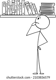 Person looking at bookcase and choosing book to read, vector cartoon stick figure or character illustration.