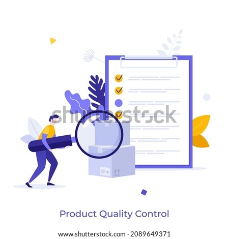 Person looking at boxes through magnifying glass and check list. Concept of product quality control, inspection or test procedure focused on fulfilling requirements. Modern flat vector illustration.