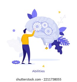 Person looking at brain with gearwheels inside. Concept of mental ability, power of thought, intellectual skills, human intelligence, cognitive function. Modern flat vector illustration for poster.