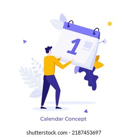 Person looking at calendar page. Concept of time management, start of new project, effective work planning, productivity, task scheduling. Modern flat colorful vector illustration for banner, poster.