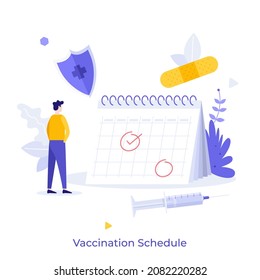 Person looking at calendar, syringe. Concept of vaccination or immunization schedule, planning timing and doses of vaccines against viral infection. Modern flat vector illustration for poster, banner.