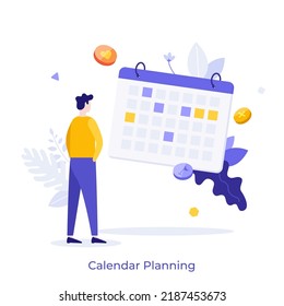 Person Looking At Calendar Or Timetable. Concept Of Business Planning, Appointment Scheduling, Project Time Management, Task Organization. Modern Flat Colorful Vector Illustration For Poster, Banner.