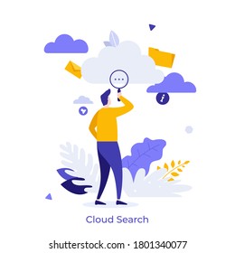 Person looking at cloud through magnifier. Concept of online search for files or digital data, find information in internet database. Modern flat colorful vector illustration for banner, poster.