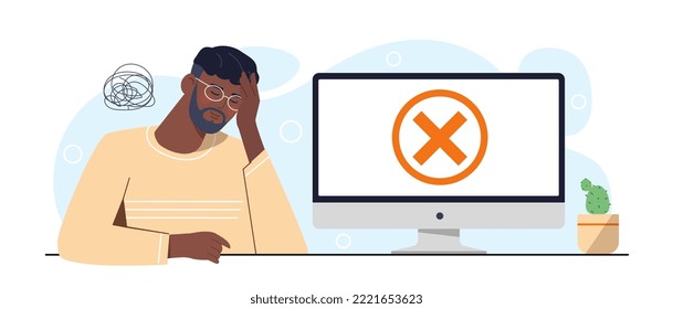 Person Looking At Computer. Man Sees Failure On Screen, Error And Technical Difficulties. Modern Technologies And Digital World. Gadget Or Device With Problem. Cartoon Flat Vector Illustration