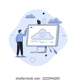 Person, die Computerbildschirm mit Getriebe auf Cloud. Konzept des Cloud-Computing-Prozesses, innovative Technologie der Online-Datenspeicherung. Moderne lineare Vektorgrafik für Banner, Poster.