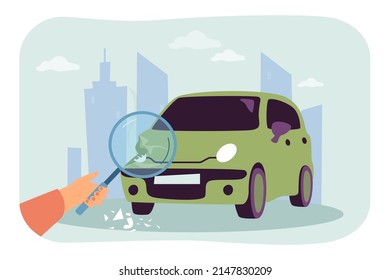 Person looking at damaged car through magnifier. Broken auto after collision on road accident flat vector illustration. Emergency, transportation concept for banner, website design or landing web page