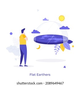 Person looking at disk-shaped planet. Concept of flat Earth pseudoscientific belief, concpiracy theory, mass delusion, false knowledge. Modern flat colorful vector illustration for poster, banner.