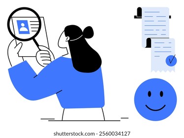 Person looking at a document through a magnifying glass. Next to it, a checklist and a happy face. Ideal for business, research, analysis, documentation, and customer satisfaction. Minimalist vector