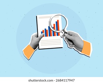A person looking at documents with a chart a magnifying glass. Modern collage style. Vector illustration