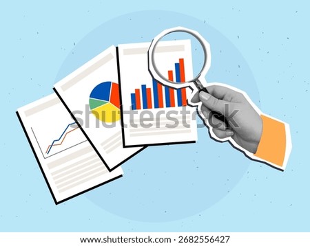 A person looking at documents with graphs and diagrams through a magnifying glass. Modern collage style. Vector illustration