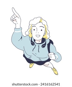 Person looking up doodle style. Top view of young girl. Scared characters near danger. Scene from life. Sticker for social networks. Linear flat vector illustration isolated on white background