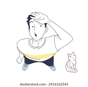 Person looking up doodle style. Top view of young guy with cat. Scared characters near danger. Scene from life. Poster or banner. Linear flat vector illustration isolated on white background