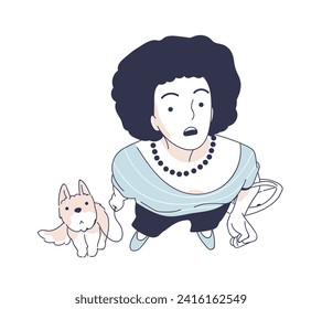 Person looking up doodle style. Top view of woman and dog. Scared characters near danger. Scene from life. Graphic element for website. Linear flat vector illustration isolated on white background