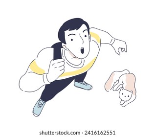 Person looking up doodle style. Top view of man and cat. Scared characters near danger. Scene from life. Template and layout. Linear flat vector illustration isolated on white background