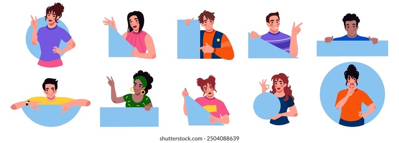 Person looking down shows. Face in geometric shape. Business advice. Woman and man points out finger. Curious excited character showing. Funny characters portrait in figures. Vector tidy illustration