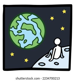 Person looking at the earth from the moon in space background. Vector icon doodle outlined style illustration with stick man style and stars decoration, isolated on square white background.