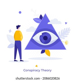 Person Looking At Eye Of Providence Symbol Enclosed In Triangle. Concept Of Concpiracy Theory, Secret Society, Mysterious Organization. Modern Flat Colorful Vector Illustration For Banner, Poster.