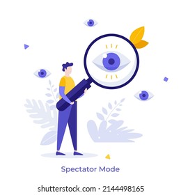 Person looking at eye through magnifying glass. Concept of spectator or observer mode, privacy option, setting to disguise internet presence. Modern flat vector illustration for banner, poster.