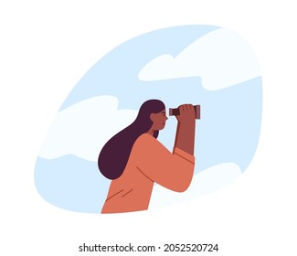 Person looking forward in future with binoculars, searching direction, opportunities and solutions, focusing on aim. Aspirations concept. Flat vector illustration isolated on white background