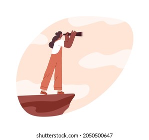 Person looking forward in future challenges through spyglass. Strategy and vision concept. Woman searching for new ideas and opportunities. Flat vector illustration isolated on white background