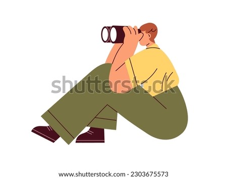 Person looking forward, watching through binoculars. Surveillance, observation, business concept. Man searching for ideas, opportunity, observing. Flat vector illustration isolated on white background