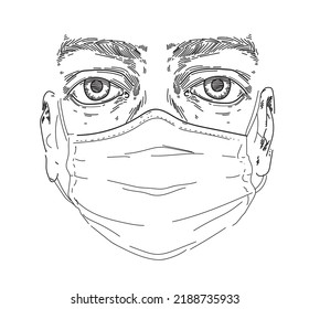 person looking front with face mask on mouth black and white drawing pandemic virus bacteria care respiratory protection hospital illness isolated on white background