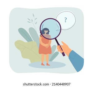 Person looking at girl through magnifier. Hand holding magnifying glass, getting to know new friend flat vector illustration. Meeting, friendship concept for banner, website design or landing web page