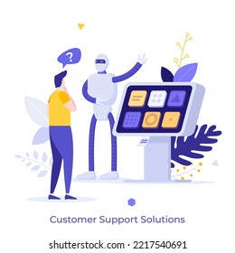 Persona que observa los indicadores en el panel de control y asistente de robots. Concepto de solución de asistencia al cliente, consultor personal para el usuario, ayuda profesional. Ilustración vectorial plana moderna para afiches.