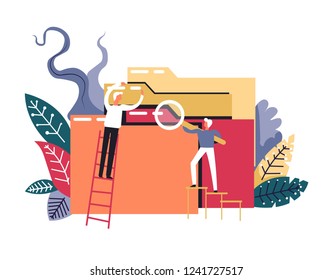 Person looking for information in folder files searching process