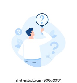 Person looking at interrogation points through magnifying glass. Concept of frequently asked questions or FAQ section, search for information. Modern flat vector illustration for poster, banner.
