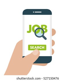 A person looking for job in his smartphone. A search job app concept.