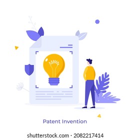 Person looking at lightbulb on paper sheet. Concept of invention patent, protected industrial property or knowhow, protection of inventor's intellectual work. Flat vector illustration for banner.