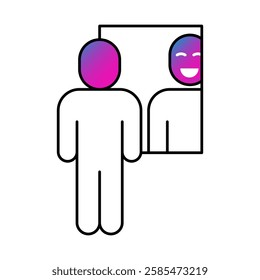 Person looking in mirror icon. Self-awareness, introspection, personal growth, mindfulness, feedback, development. Vector illustration.