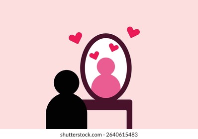 Person looking at mirror and loving own self, narcissism behavior or self love admiration illustration