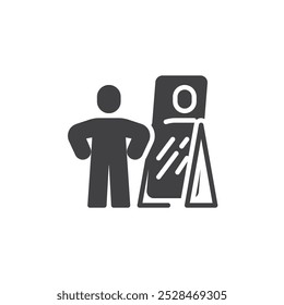 Person, die in einem Spiegel-Vektorsymbol sucht. gefülltes Flachschild für mobiles Konzept und Webdesign. Symbol für das Symbol für das Selbstbewusstsein. Symbol, Logo-Abbildung. Vektorgrafiken