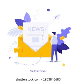 Person looking at newsletter in envelope. Concept of digital subscription for news, newspapers, electronic publication for subscribers. Modern flat colorful vector illustration for poster, banner.