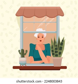 Person looking out of open window, staying home. Thoughtful woman looking through window and breathe fresh air. Hand drawn colored Vector illustration. Flat vector illustration. Thinking, meditating