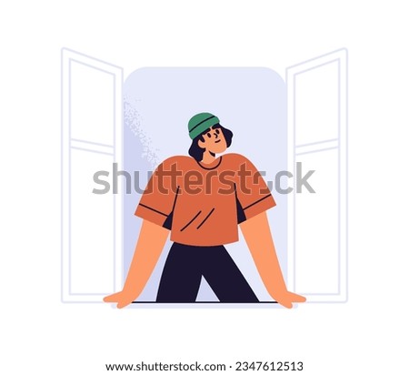 Person looking out of window wide open. Man breathing fresh air, watching from apartment, house, home outside. New opportunity concept. Flat vector illustration isolated on white background