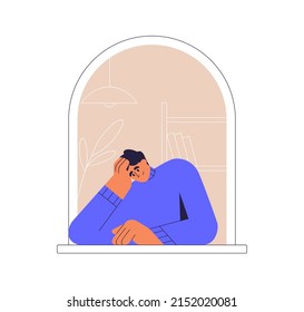 Person Looking Outside Out Of Open Arc Window Of Home. Man Staying Indoors, Thinking, Watching. Guy Inside Apartment Leaning Against Sill. Flat Vector Illustration Isolated On White Background