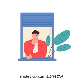 Persona mirando afuera desde la ventana abierta de casa. Hombre permaneciendo en casa, pensando, mirando. Ilustración del vector