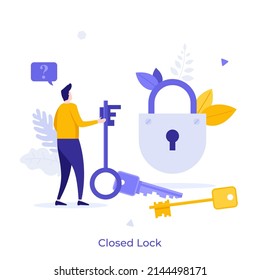 Person looking at padlock and keys. Concept of protected access, privacy and data protection, information security service, safeguard technology. Modern flat vector illustration for banner, poster.