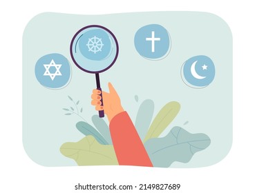 Person looking at religious symbols through magnifier. Buddhism, Christianity, Judaism and Islam symbols flat vector illustration. Religion concept for banner, website design or landing web page