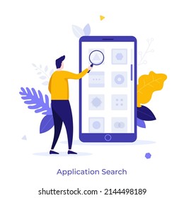 Person, die durch Lupe den Bildschirm des Smartphones anschaut. Konzept der Suche nach mobilen Anwendungen, Suche nach App für elektronische Geräte. Moderne flache Vektorgrafik für Banner, Poster.