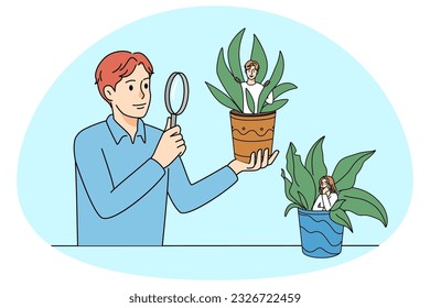 Person looking at small people in pots with magnifier glass. Man observe persons in flowerpots. Concept mentoring and development.