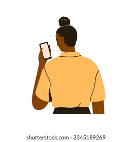 Person looking at smartphone screen. Black woman from behind, holding mobile cell phone in hand, reading. Girl with cellphone, back view. Flat vector illustration isolated on white background