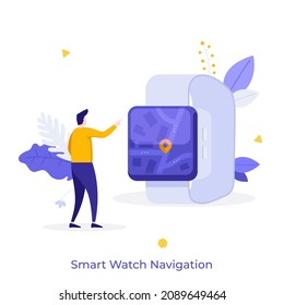 Person looking at smartwatch with map and location mark on screen. Concept of hi-tech electronic device with application for navigation. Modern flat colorful vector illustration for poster, banner.