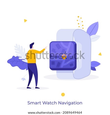 Person looking at smartwatch with map and location mark on screen. Concept of hi-tech electronic device with application for navigation. Modern flat colorful vector illustration for poster, banner.