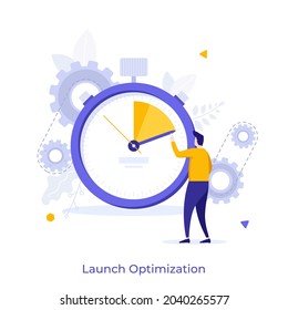 Person looking at stopwatch and counting seconds. Concept of marketing project launch optimization, perfect timing, time management for business. Modern flat vector illustration for banner, poster.