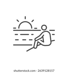 Person looking at sunset or sunrise icon. Thin line editable stroke peaceful beach illustration for mindfulness, nature, meditation, sea view and emotional calm moments